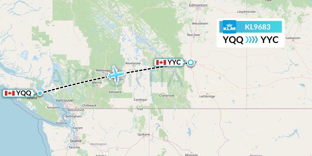 KL9683 KLM Flight Map: Comox to Calgary