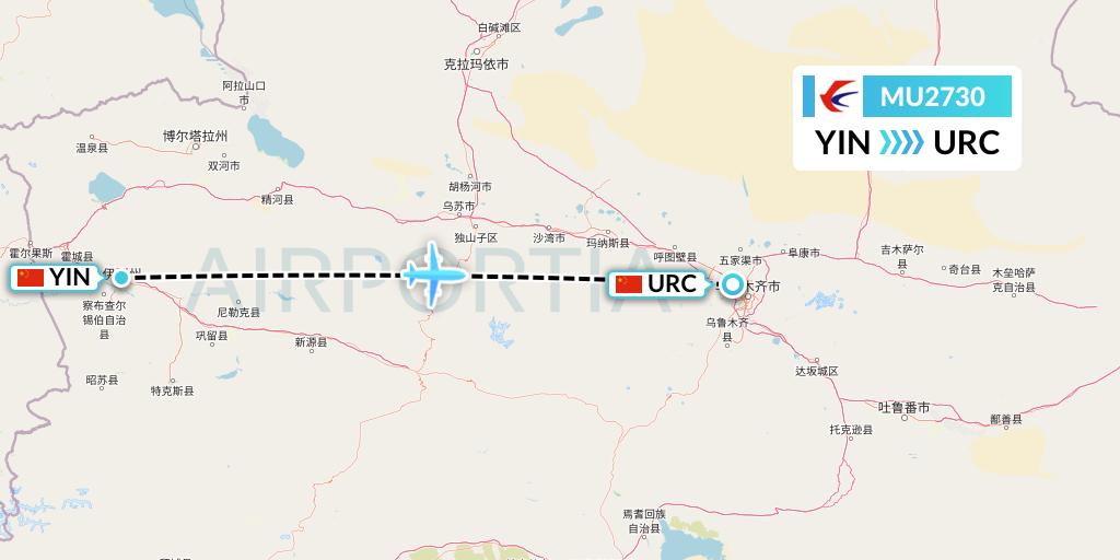 MU2730 China Eastern Airlines Flight Map: Yining to Urumqi