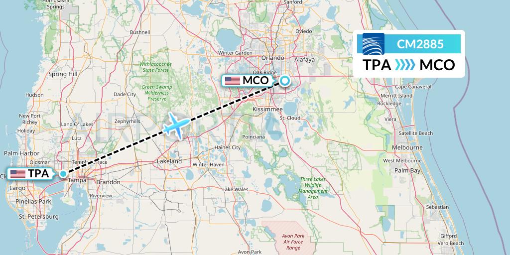 CM2885 Copa Airlines Flight Map: Tampa to Orlando