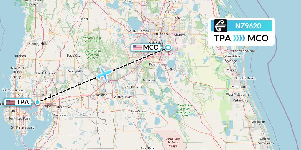 NZ9620 Air New Zealand Flight Map: Tampa to Orlando