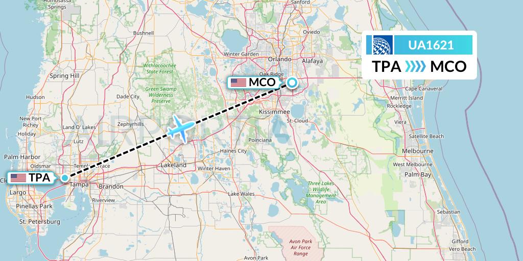UA1621 United Airlines Flight Map: Tampa to Orlando