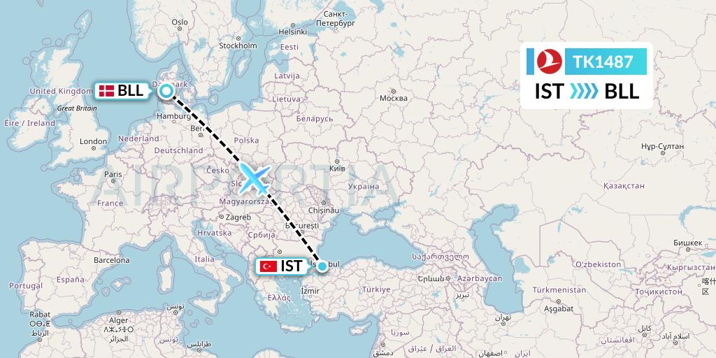 TK1487 Turkish Airlines Flight Map: Istanbul to Billund