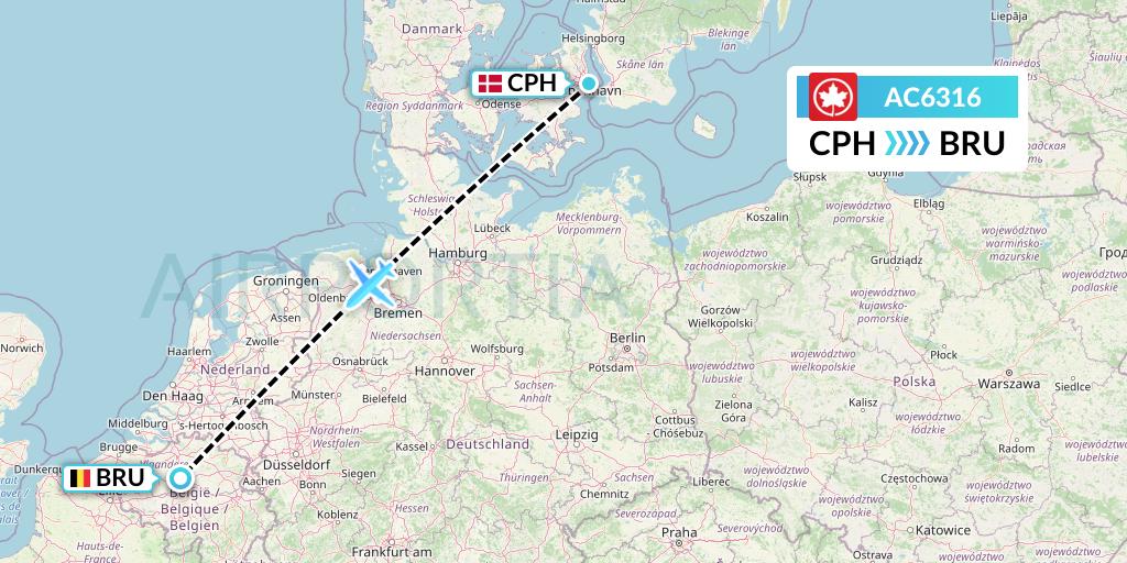 AC6316 Air Canada Flight Map: Copenhagen to Brussels