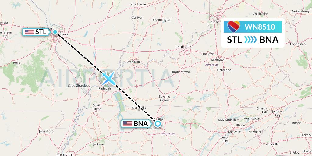 WN8510 Southwest Airlines Flight Map: St. Louis to Nashville