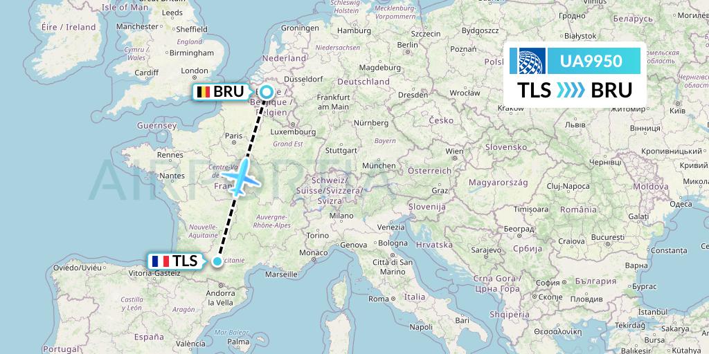 UA9950 United Airlines Flight Map: Toulouse to Brussels