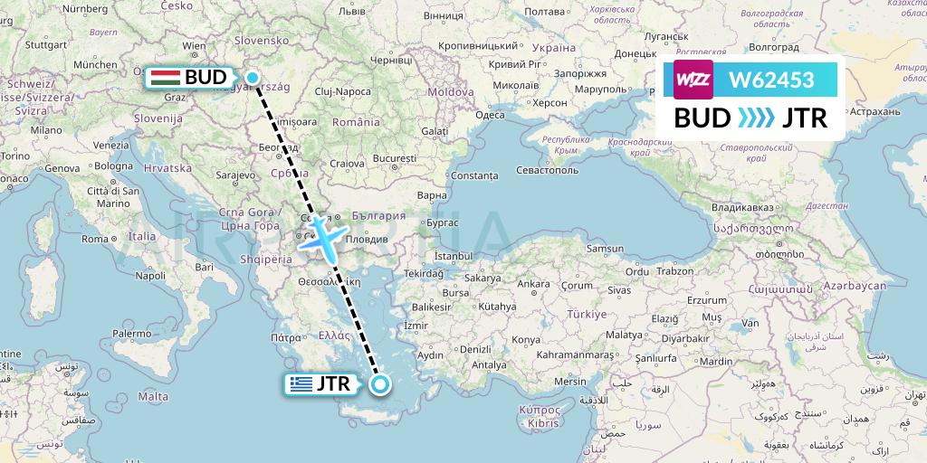 W62453 Wizz Air Flight Map: Budapest to Santorini