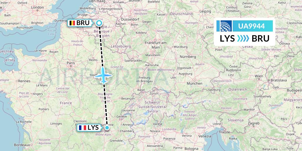 UA9944 United Airlines Flight Map: Lyon to Brussels