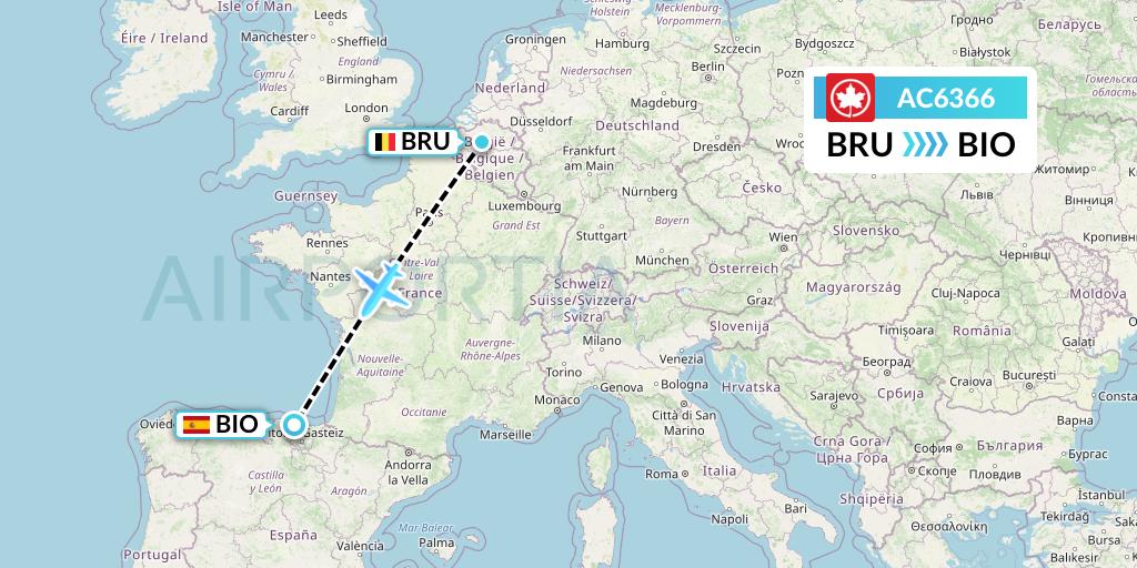 AC6366 Air Canada Flight Map: Brussels to Bilbao