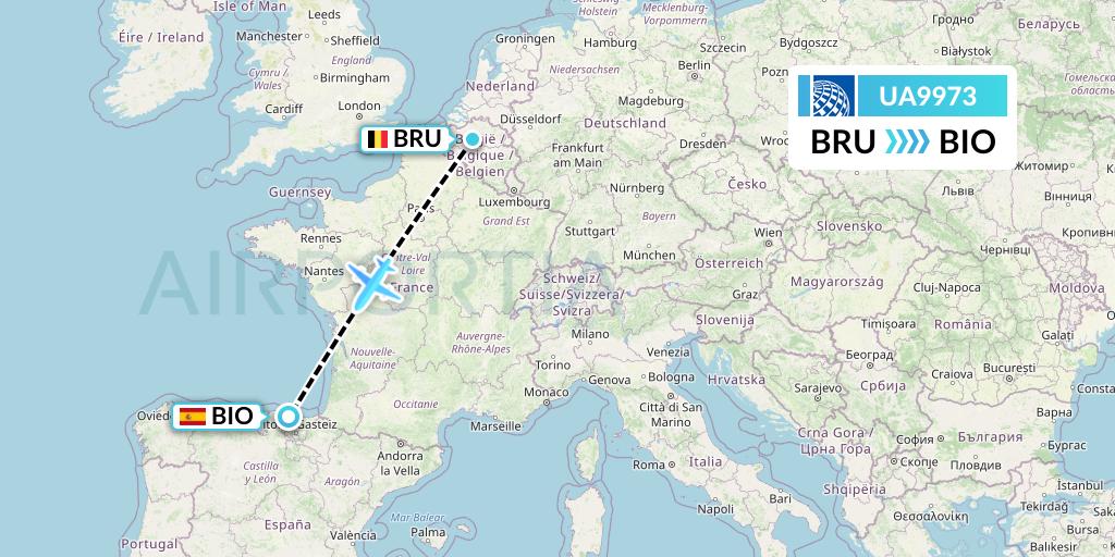UA9973 United Airlines Flight Map: Brussels to Bilbao