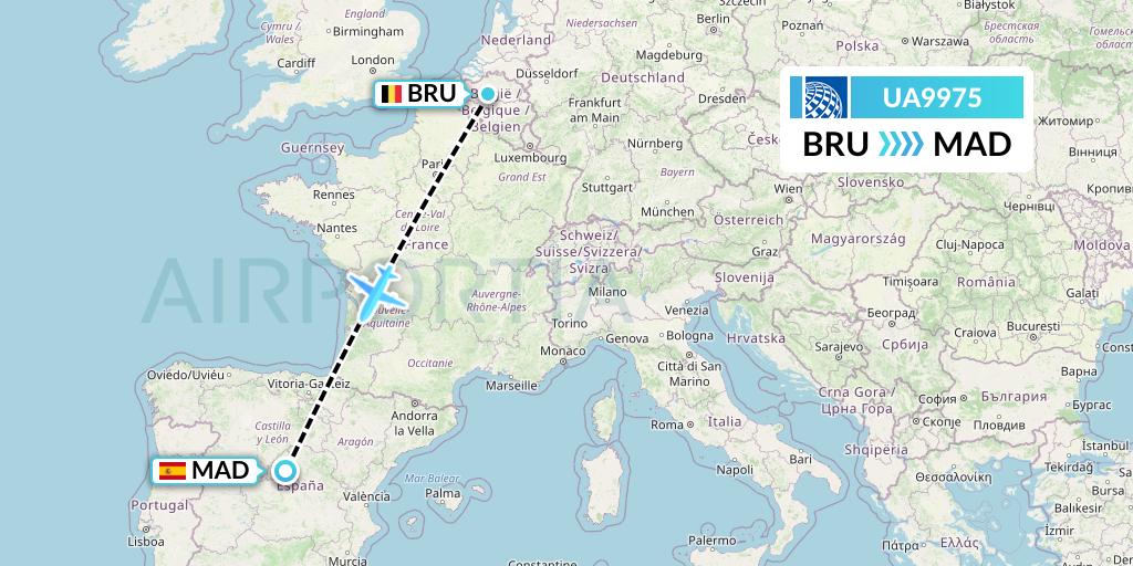 UA9975 United Airlines Flight Map: Brussels to Madrid