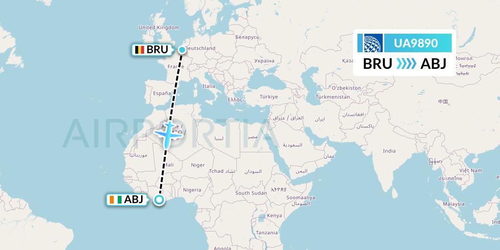 UA9890 United Airlines Flight Map: Brussels to Abidjan