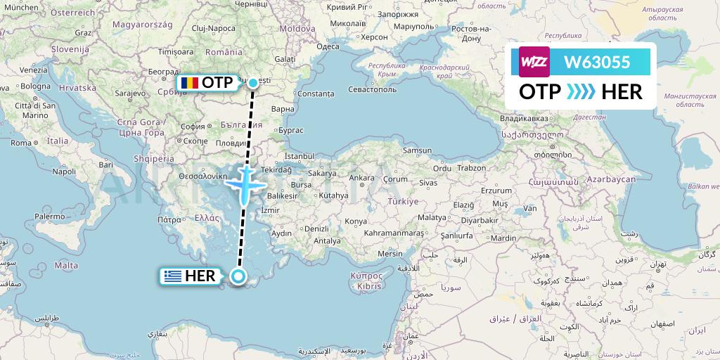W63055 Wizz Air Flight Map: Bucharest to Heraklion