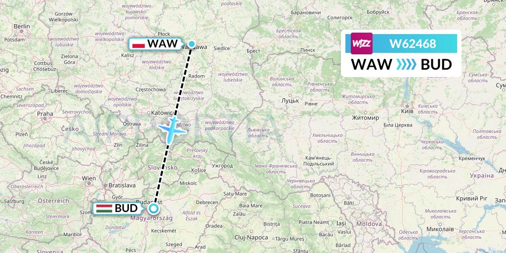 W62468 Wizz Air Flight Map: Warsaw to Budapest