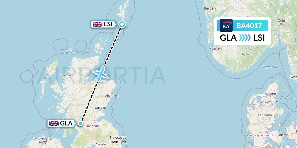 BA4017 British Airways Flight Map: Glasgow to Sumburgh