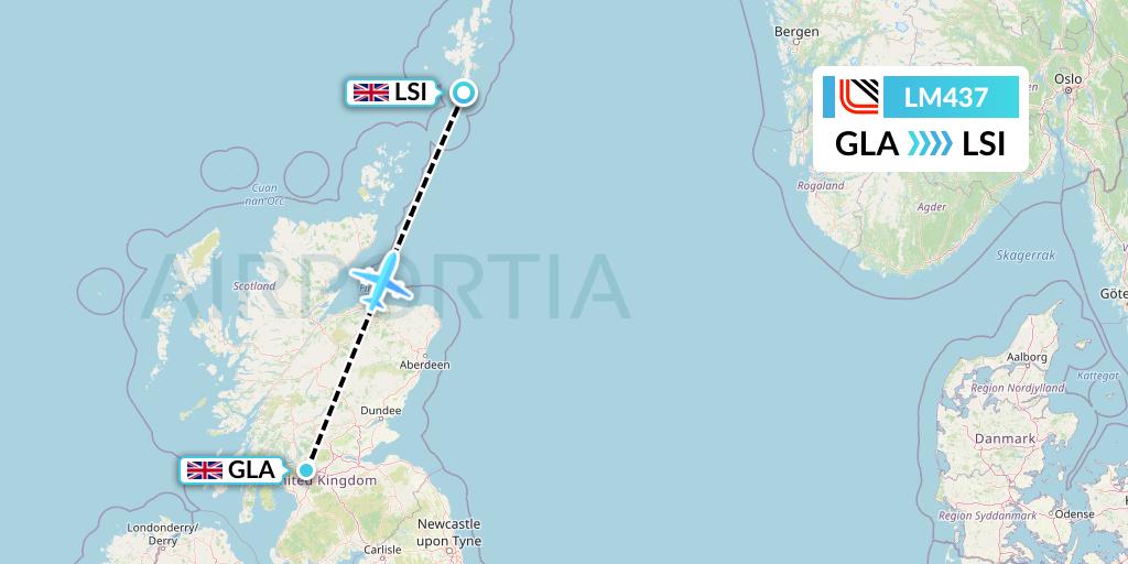 LM437 Loganair Flight Map: Glasgow to Sumburgh