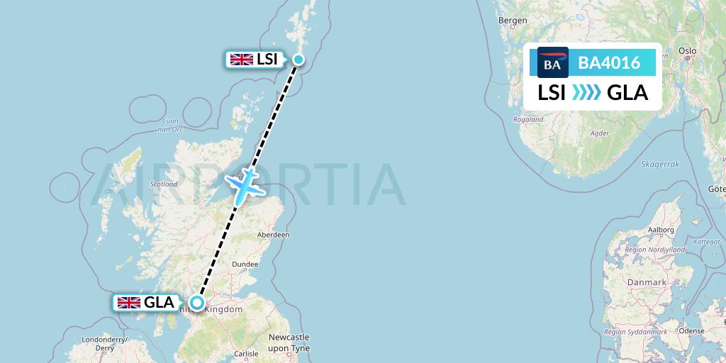 BA4016 British Airways Flight Map: Sumburgh to Glasgow
