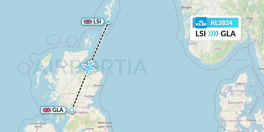 KL3824 KLM Flight Map: Sumburgh to Glasgow
