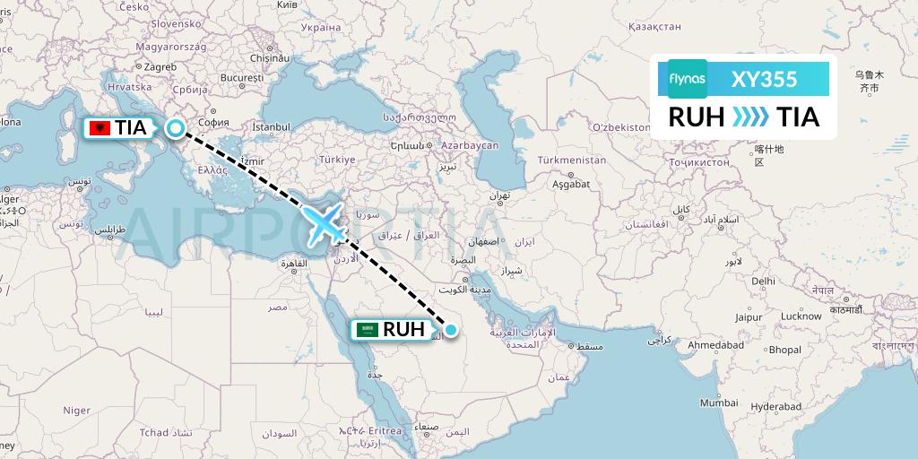XY355 Flynas Flight Map: Riyadh to Tirana