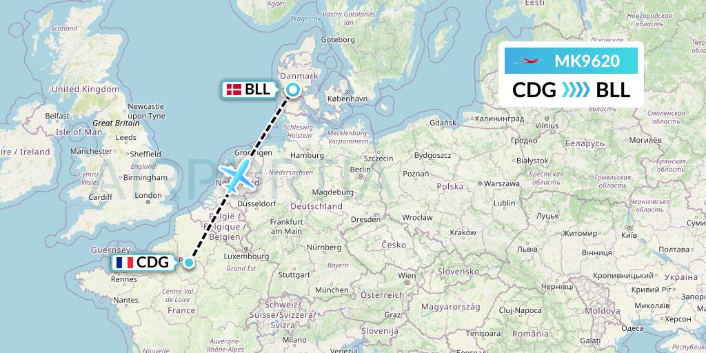 MK9620 Air Mauritius Flight Map: Paris to Billund