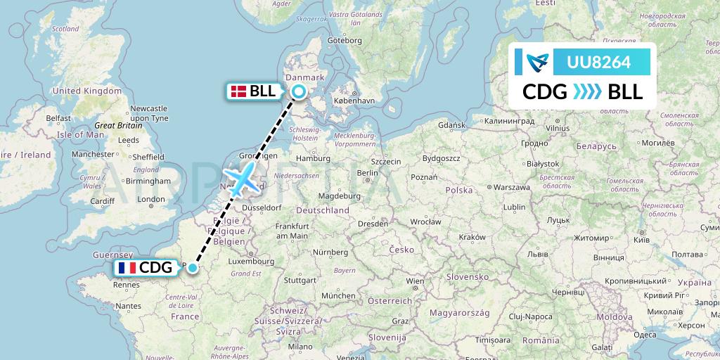 UU8264 Air Austral Flight Map: Paris to Billund