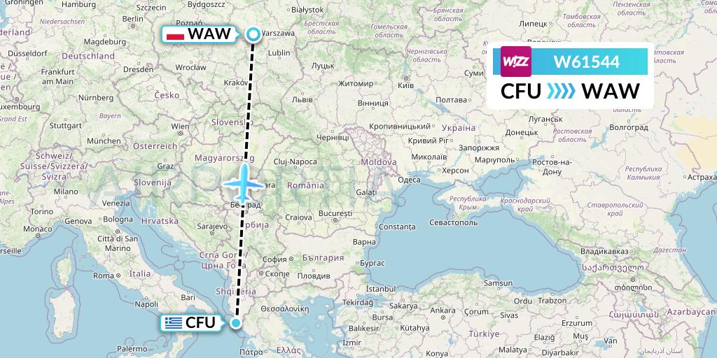 W61544 Wizz Air Flight Map: Corfu to Warsaw