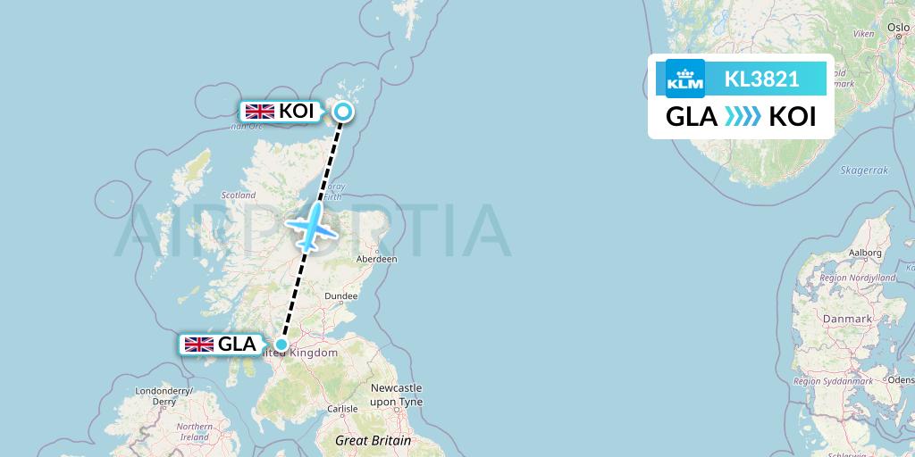 KL3821 KLM Flight Map: Glasgow to Kirkwall