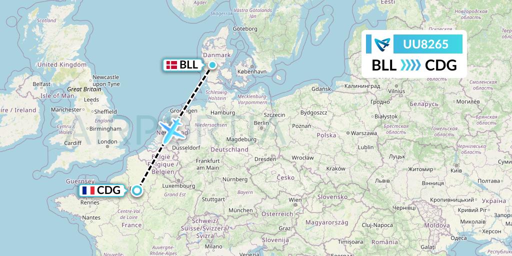 UU8265 Air Austral Flight Map: Billund to Paris