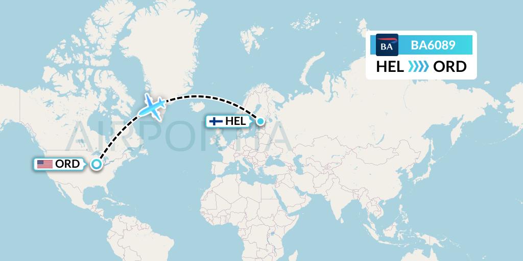 BA6089 British Airways Flight Map: Helsinki to Chicago
