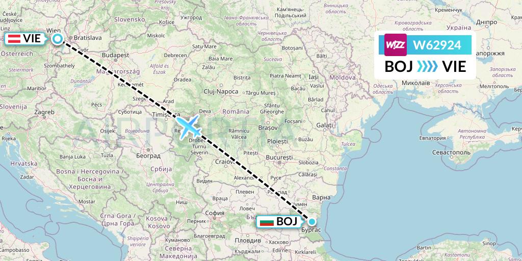 W62924 Wizz Air Flight Map: Burgas to Vienna