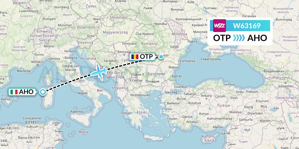 W63169 Wizz Air Flight Map: Bucharest to Alghero