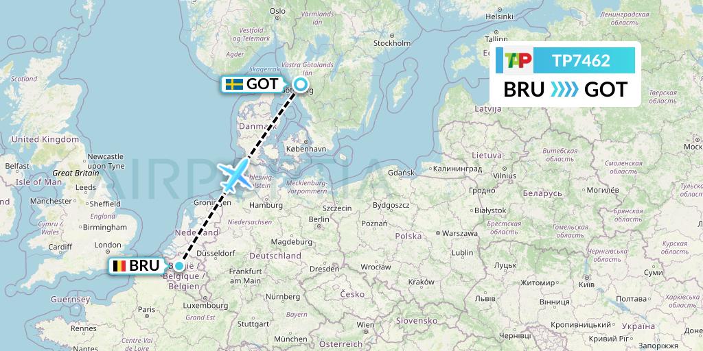 TP7462 TAP Portugal Flight Map: Brussels to Gothenburg
