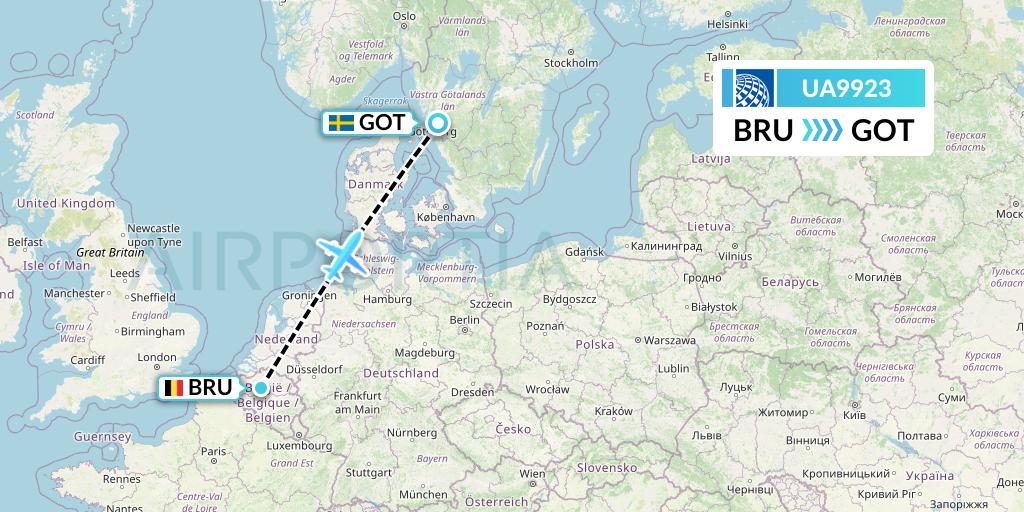 UA9923 United Airlines Flight Map: Brussels to Gothenburg