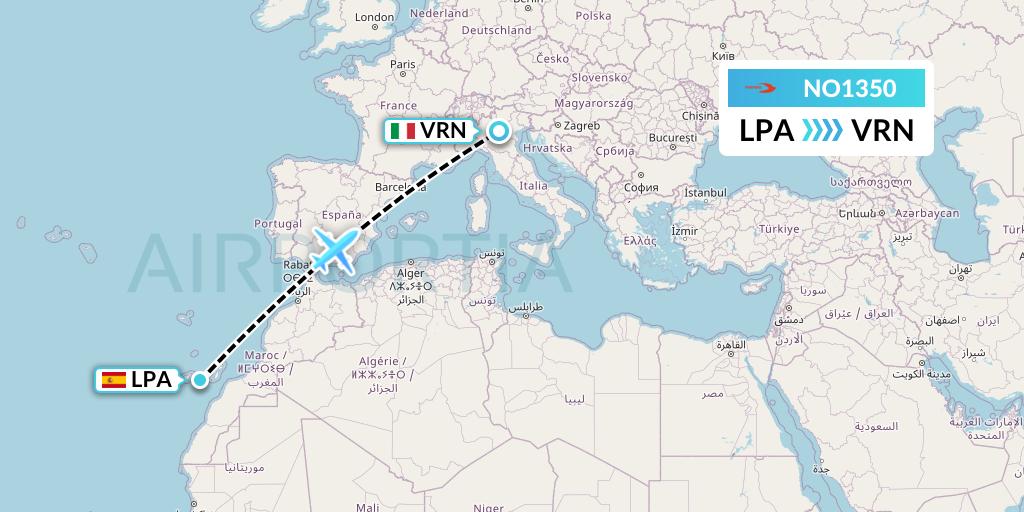NO1350 Neos Flight Map: Las Palmas to Verona