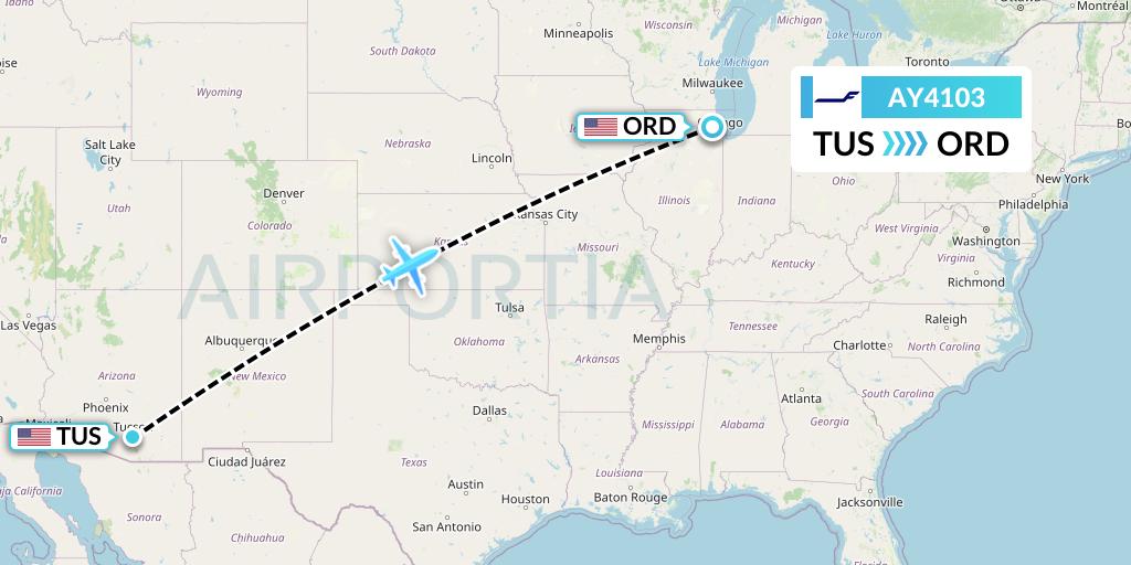 AY4103 Finnair Flight Map: Tucson to Chicago