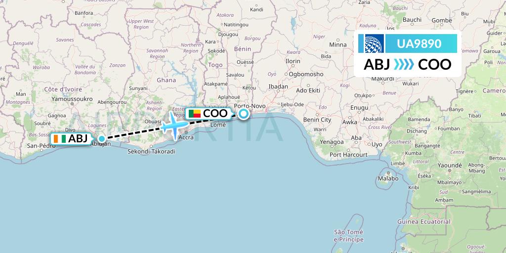 UA9890 United Airlines Flight Map: Abidjan to Cotonou