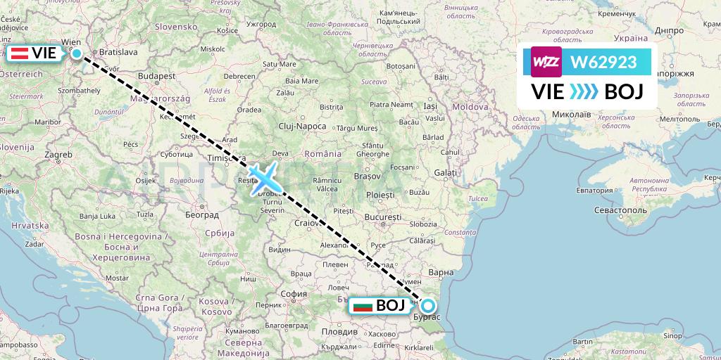 W62923 Wizz Air Flight Map: Vienna to Burgas