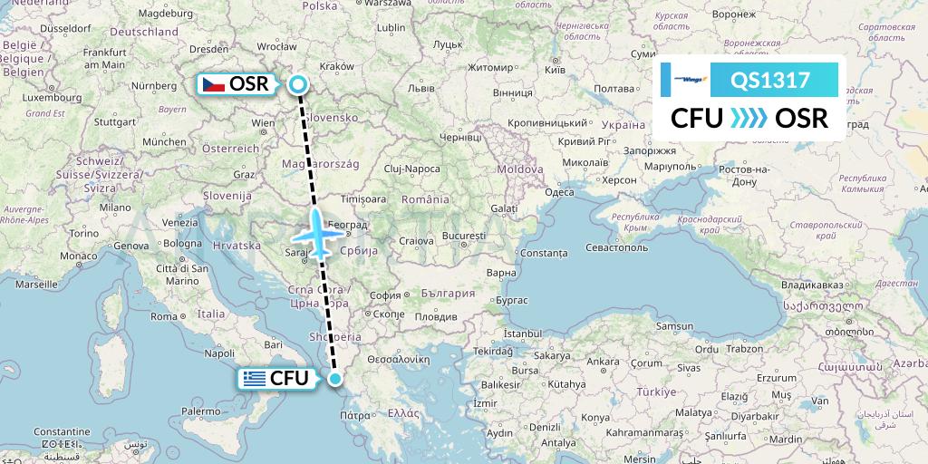 QS1317 Smartwings Flight Map: Corfu to Ostrava
