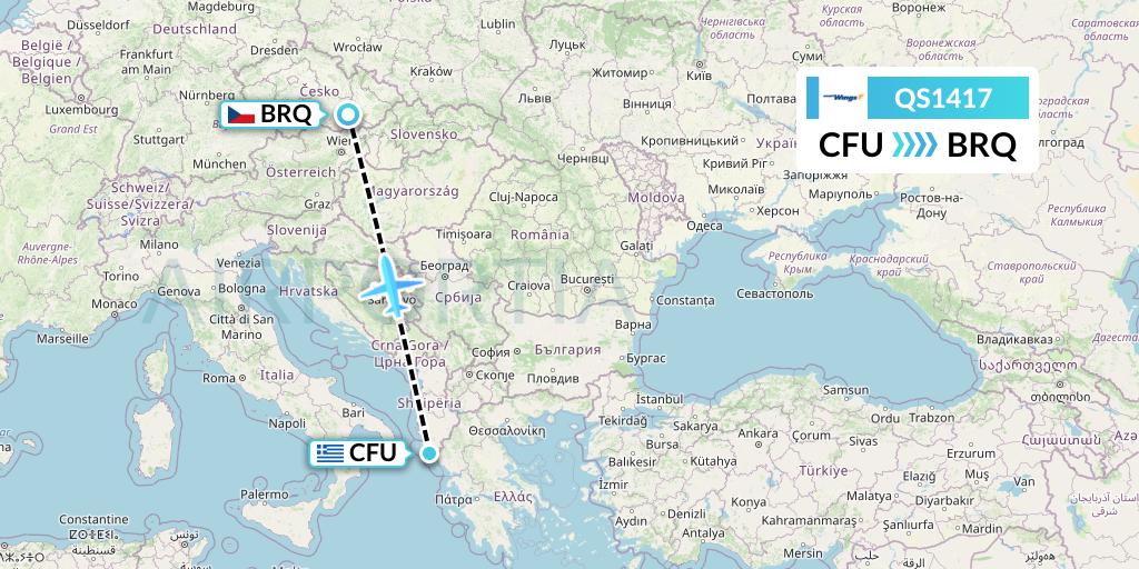 QS1417 Smartwings Flight Map: Corfu to Brno