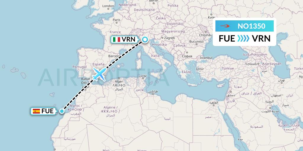 NO1350 Neos Flight Map: Fuerteventura to Verona