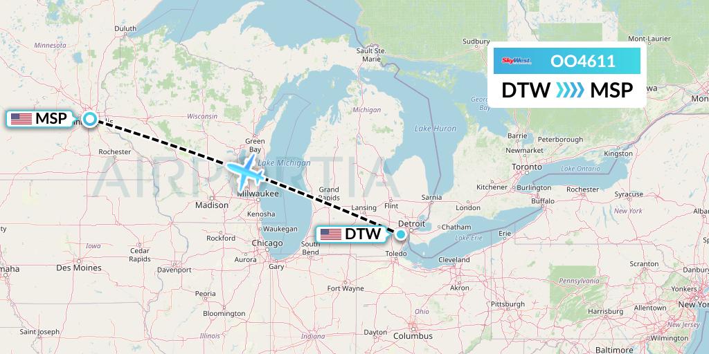 OO4611 SkyWest Airlines Flight Map: Detroit to Minneapolis
