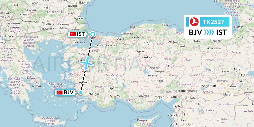 TK2527 Turkish Airlines Flight Map: Bodrum to Istanbul