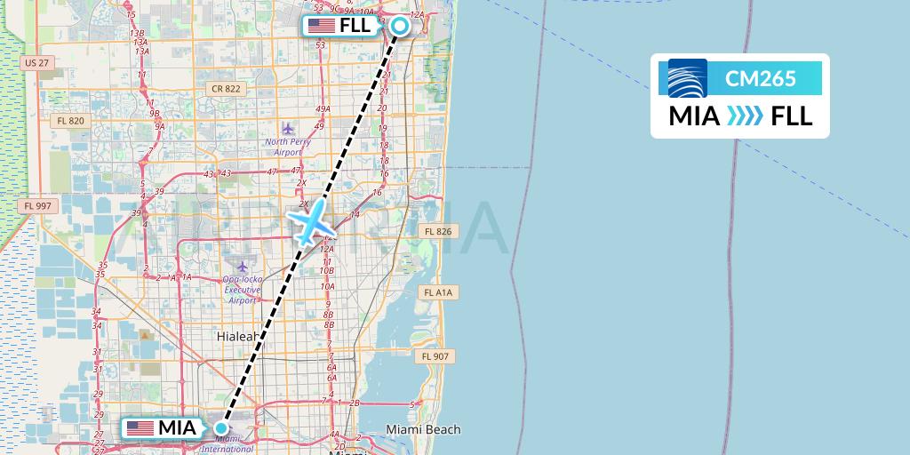 CM265 Copa Airlines Flight Map: Miami to Fort Lauderdale