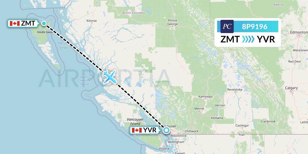 8P9196 Pacific Coastal Airlines Flight Map: Masset to Vancouver