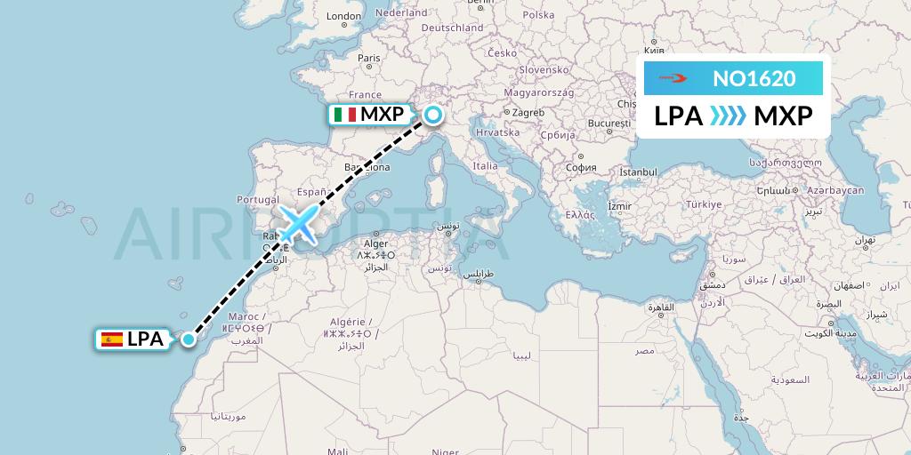 NO1620 Neos Flight Map: Las Palmas to Milan