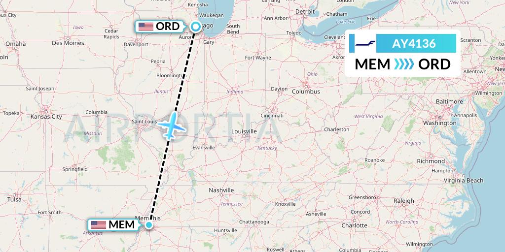 AY4136 Finnair Flight Map: Memphis to Chicago