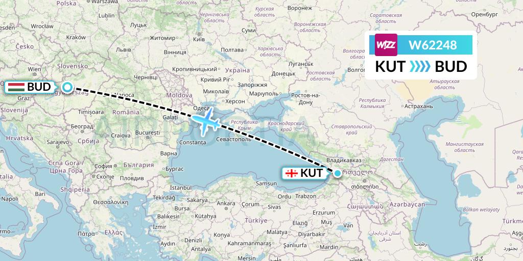 W62248 Wizz Air Flight Map: Kutaisi to Budapest
