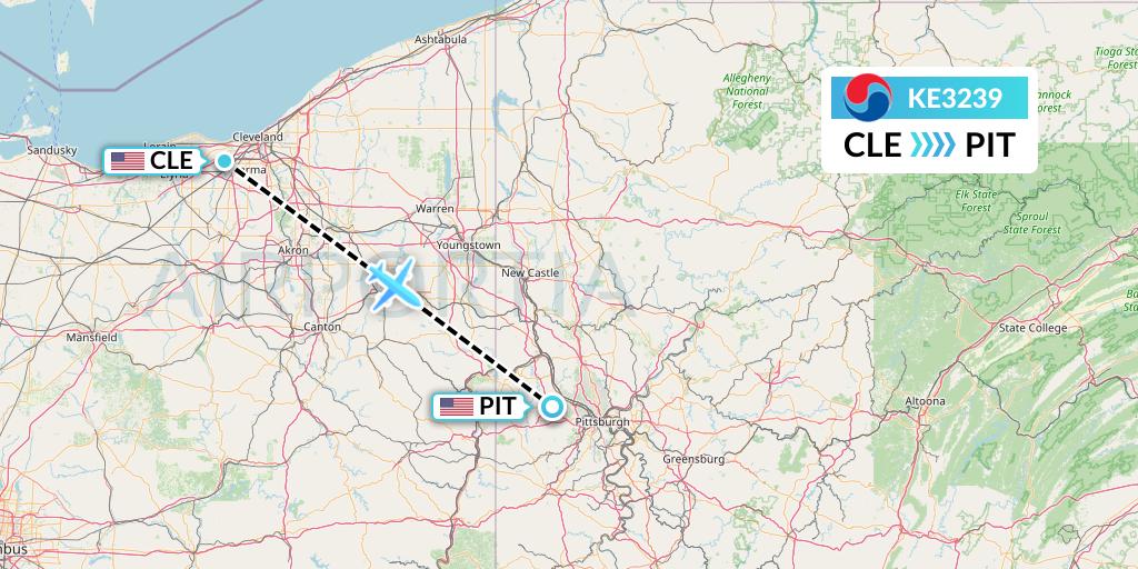 KE3239 Korean Air Flight Map: Cleveland to Pittsburgh