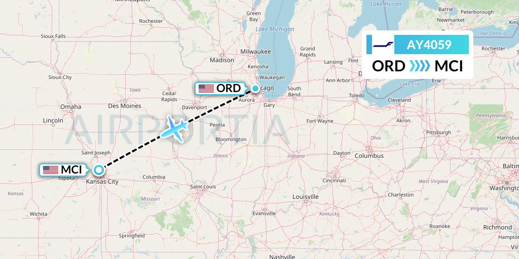 AY4059 Finnair Flight Map: Chicago to Kansas City