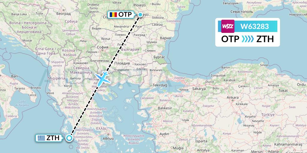 W63283 Wizz Air Flight Map: Bucharest to Zakynthos