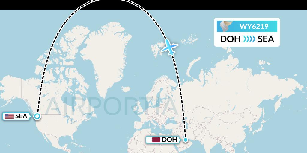 WY6219 Oman Air Flight Map: Doha to Seattle